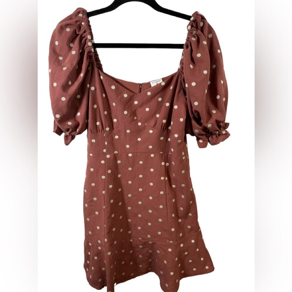 By Together Brown and White Polka Dot Zip Back Mini Dress with Puff Sleeves